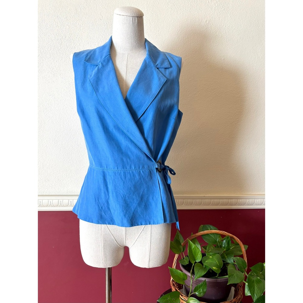Vintage Donna Morgan Petites Silk Linen Wrap Top Blue Sleeveless 10 Quiet Luxury